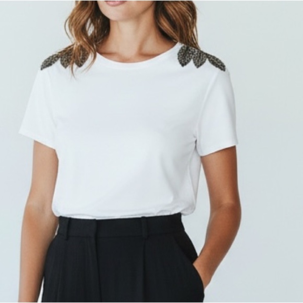 123 White Cotton T-shirt Top Embellished Zirconium Beaded Blouse Tee casual chic